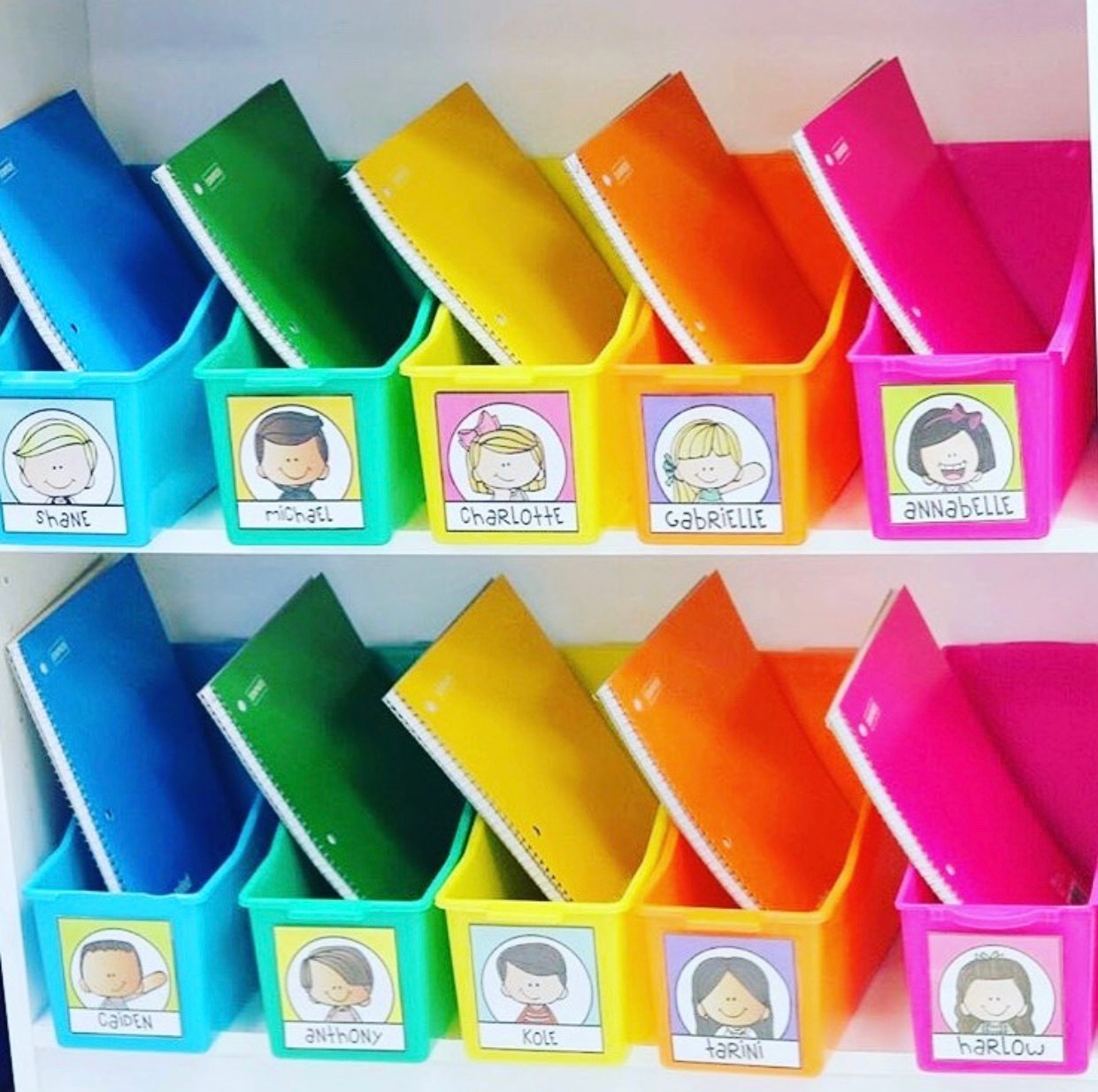 classroom setup idea with colorful student bins