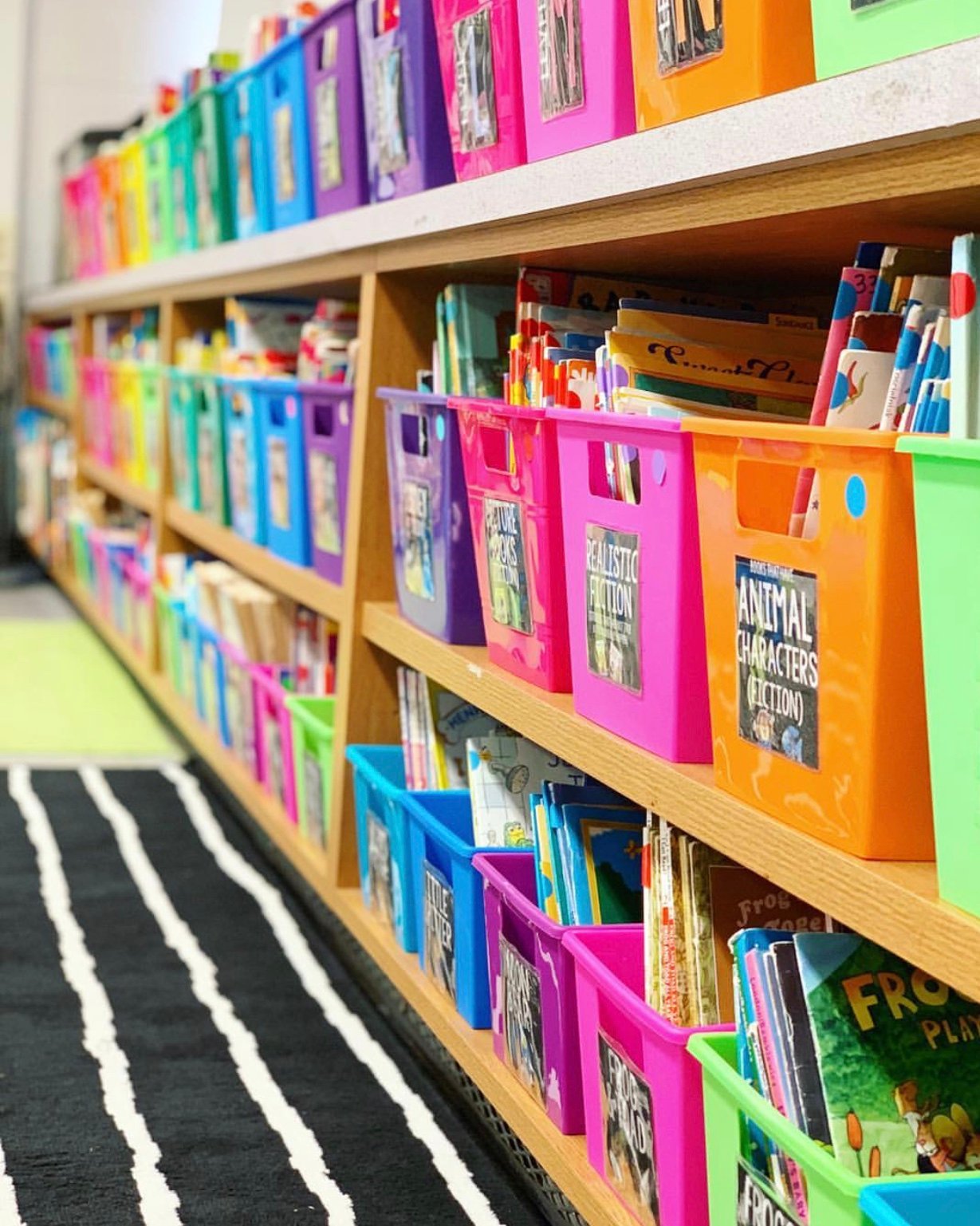 rainbow colored bins in class library