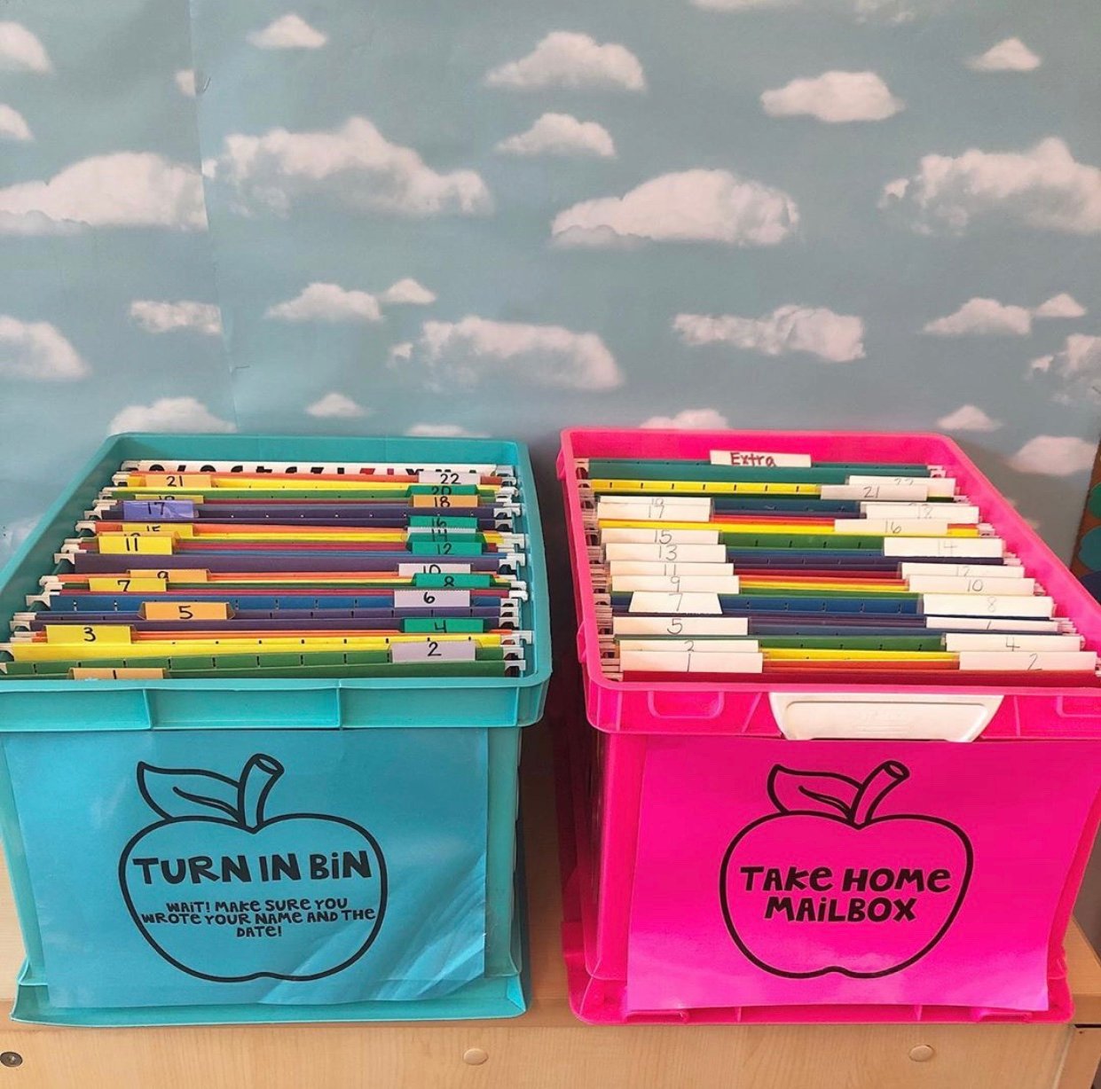 turn in and take home bins for classroom