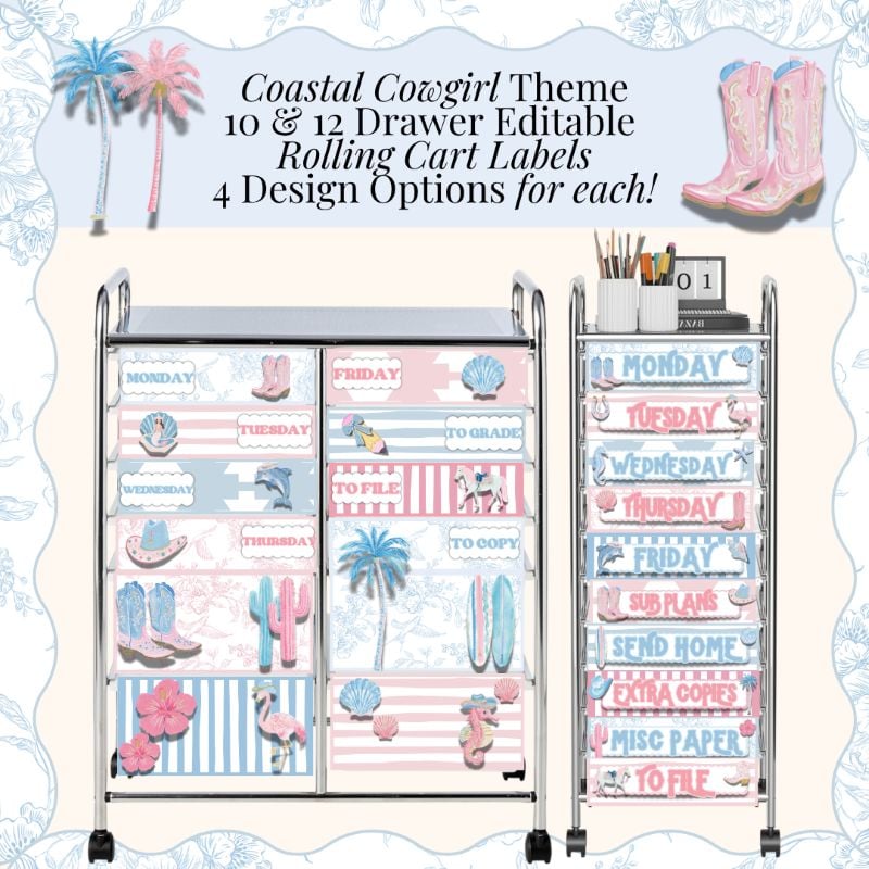 coastal cowgirl theme rolling cart labels