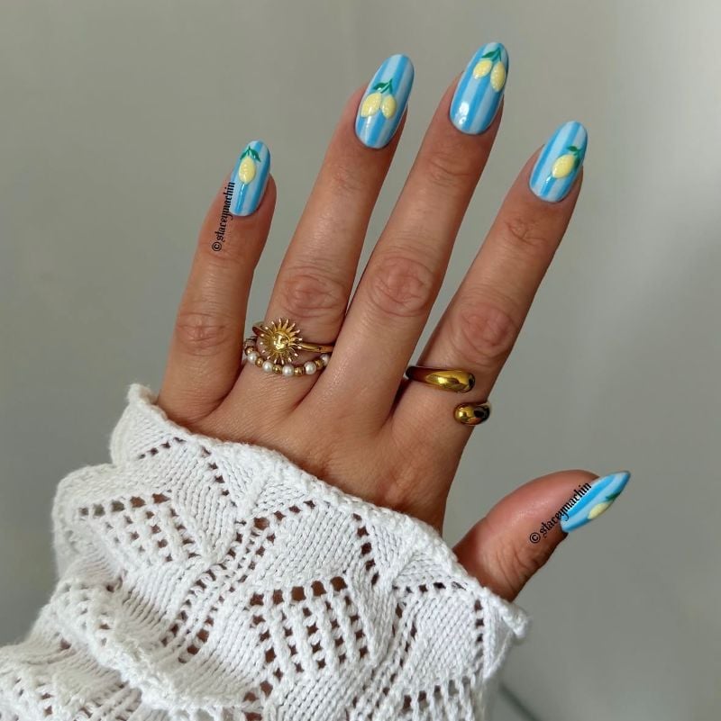 stripes and lemon nail design