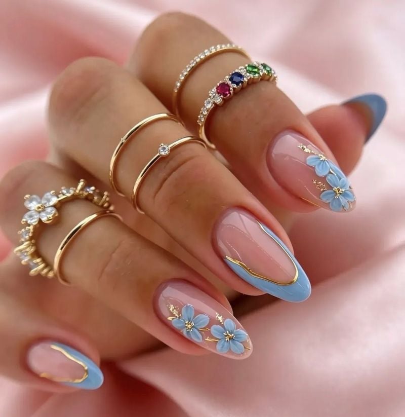 blue and gold floral nails