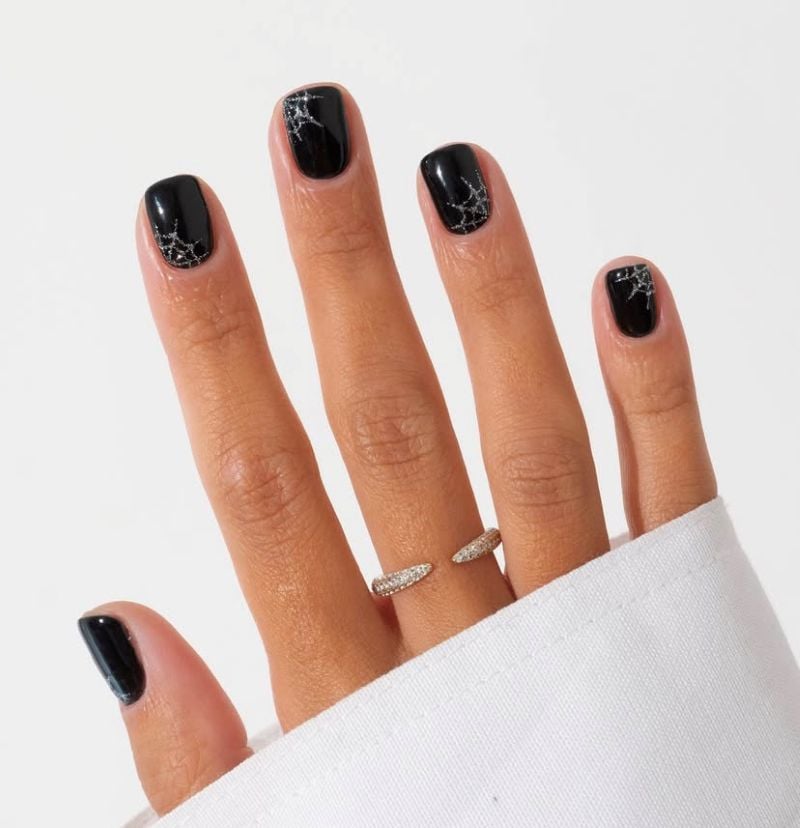 black Halloween nails simple spider web