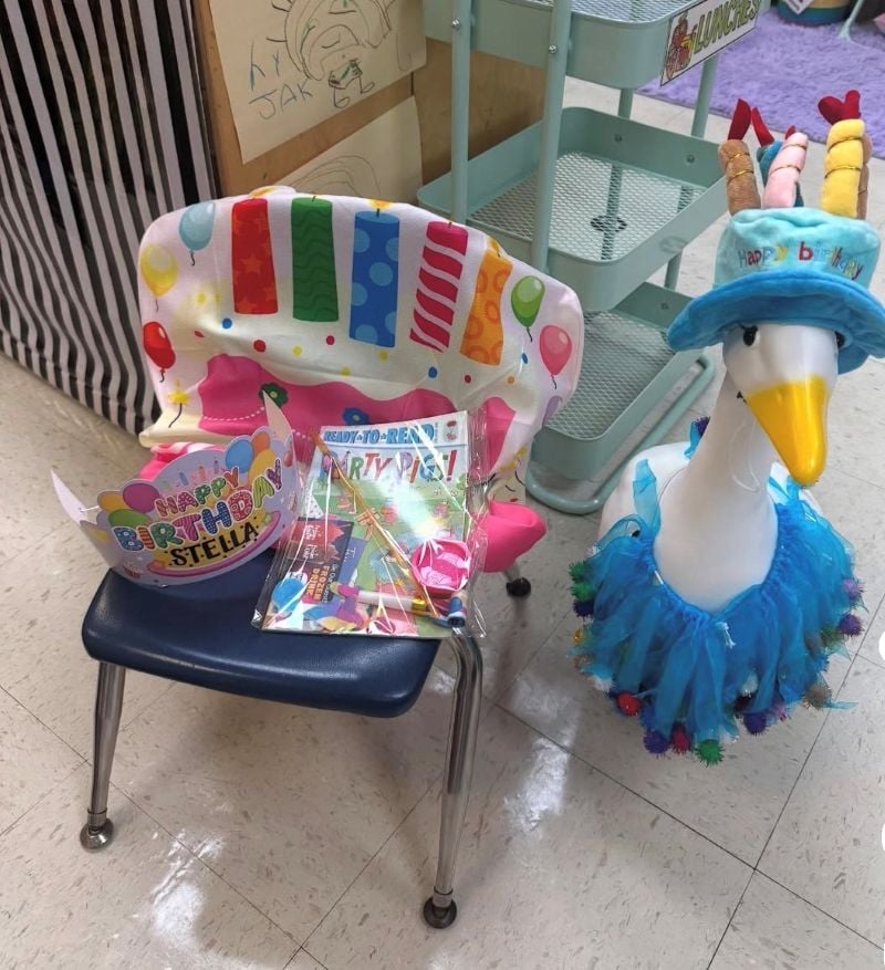 porch goose dressed up for students' birthday party