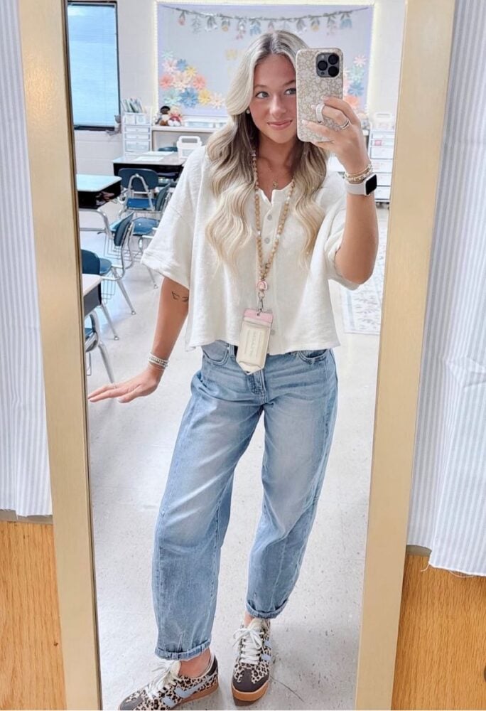 teacher outfit idea with leopard print shoes
