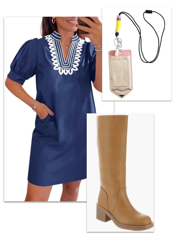 blue dress and tall boots