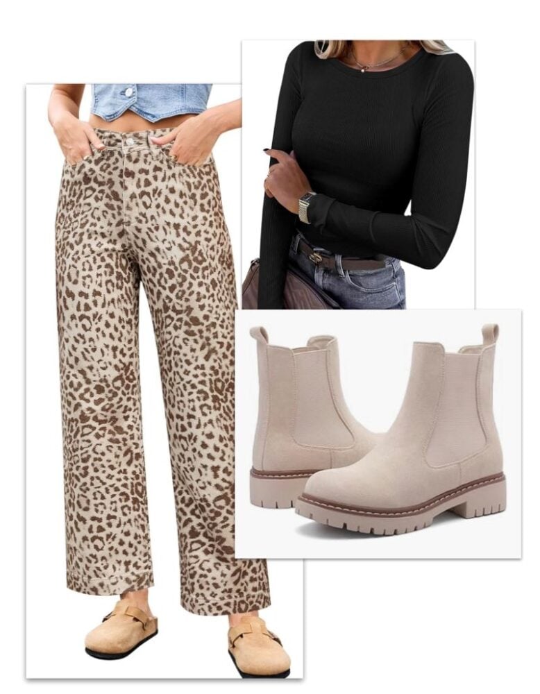 teacher outfit with leopard print pants.