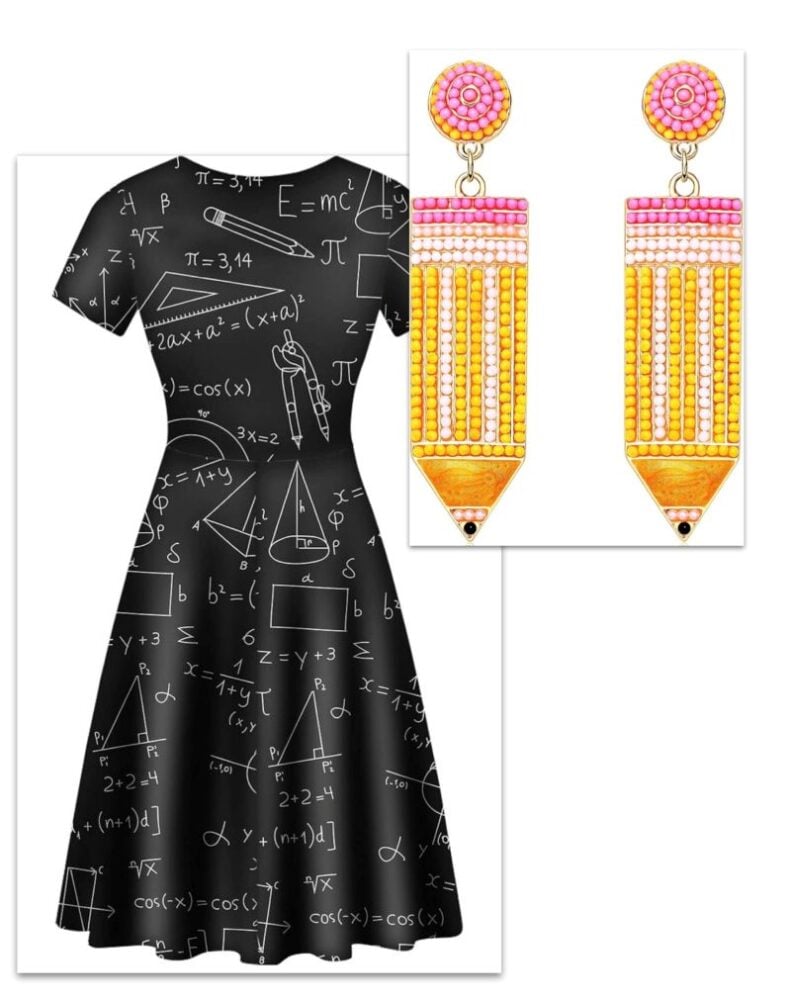 teacher dress and pencil earrings